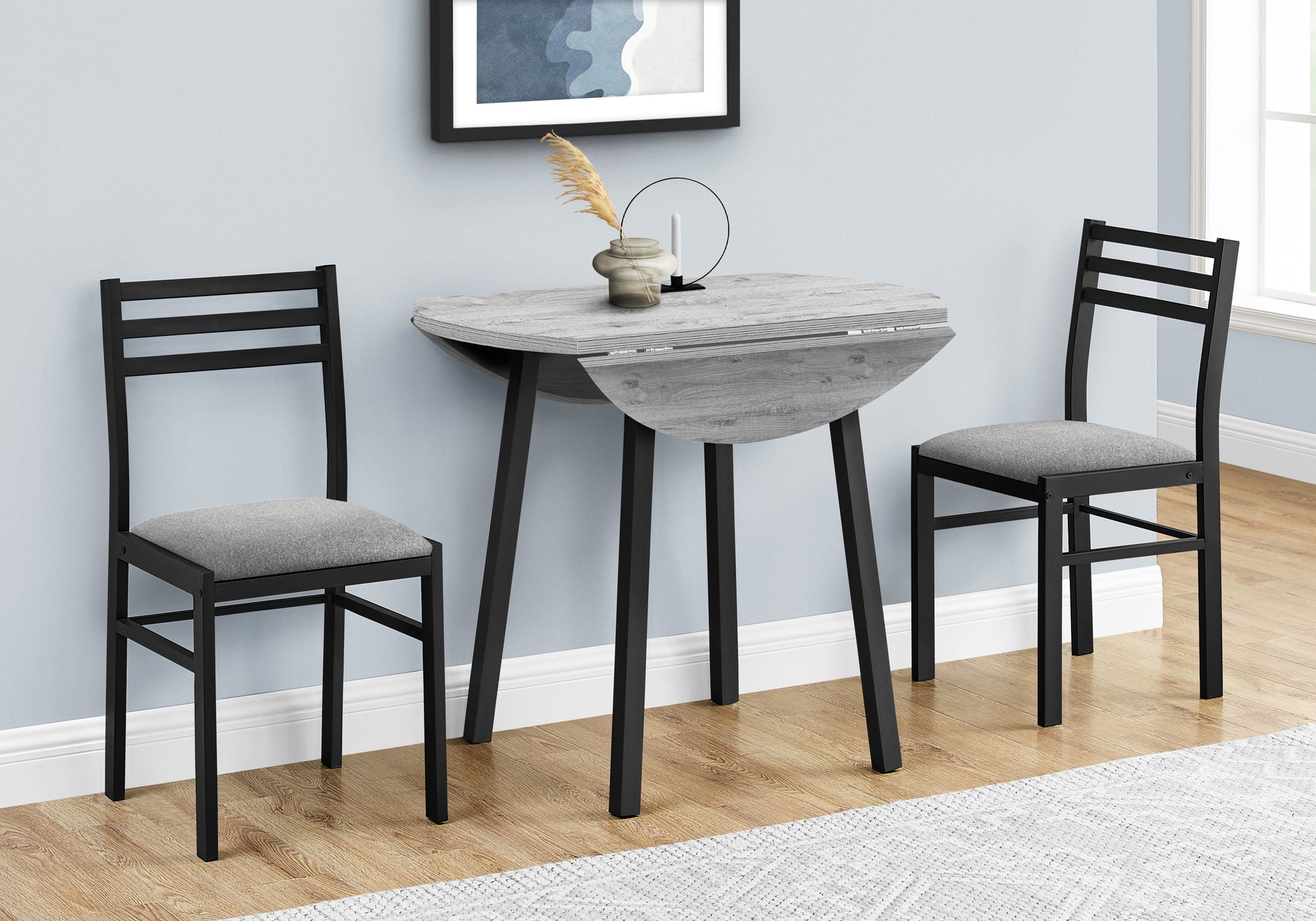 Dining Table Set, 3Pcs Set, Small, 35" Drop Leaf, Kitchen, Black Metal, Grey Laminate, Contemporary, Modern Grey Foam Mdf