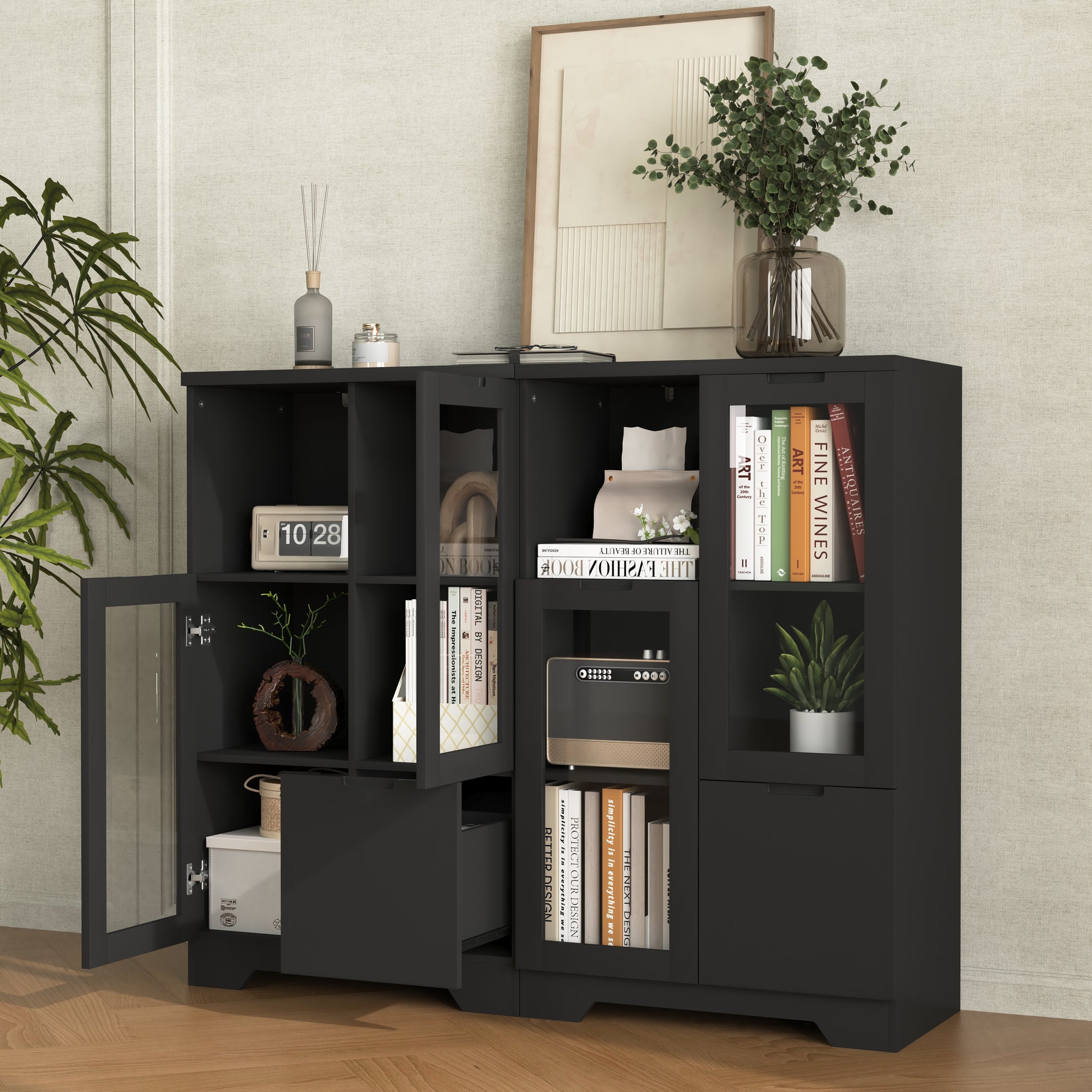 Wooden Floor Cabinet With 2 Glass Doors And 2 Storage Space,Black ,Living Room Bathroom Entryway Black Mdf