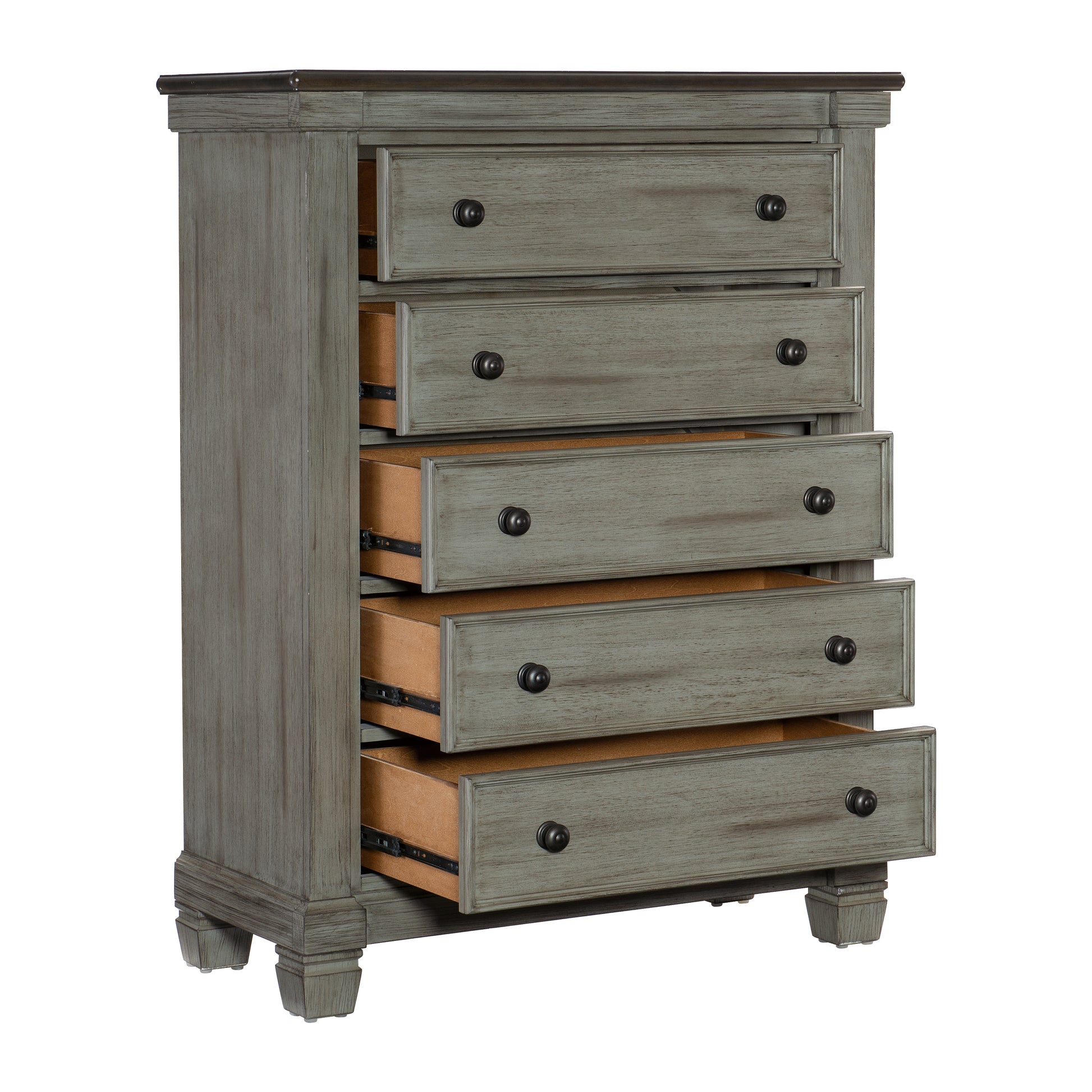 Transitional Rustic Style Coffee And Antique Gray 5 Drawer Chest 1Pc Flat Knobs Classic Bedroom Furniture Antique Gray,Coffee Wood