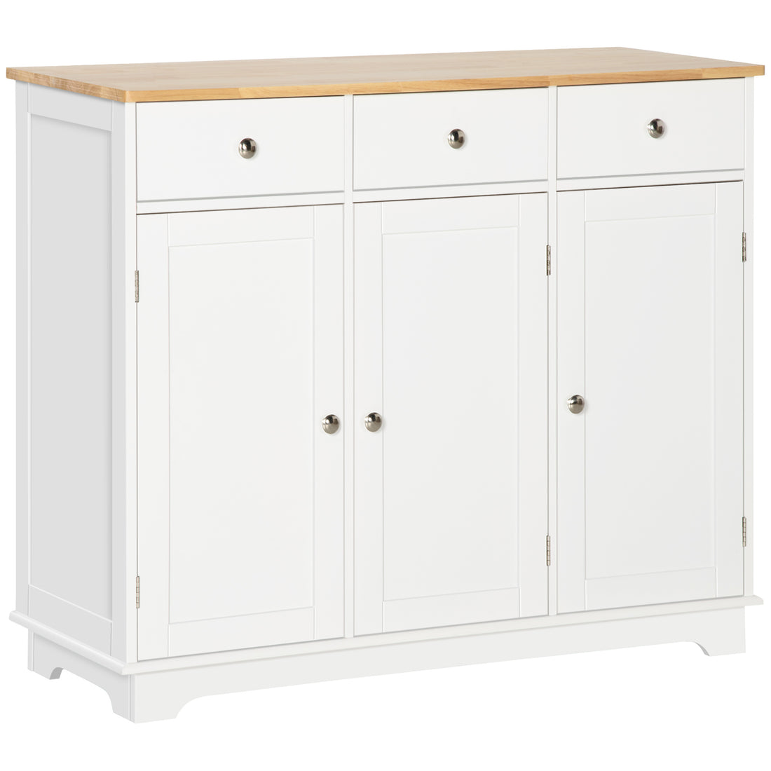 Homcom Sideboard With Solid Wood Countertop, Modern Kitchen Storage Cabinet, Coffee Bar Cabinet With 3 Drawers, Doors And Adjustable Shelf, White White Mdf