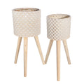 Textured Ceramic Planter With Tripod Legs, Set Of 2, Cream And Brown Cream Wood