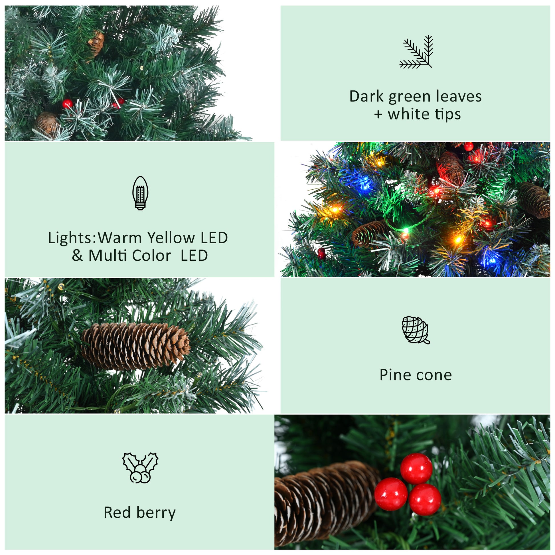 6Ft Dark Green Pine Christmas Tree, Pre Lit Set With Tree & Garland & Wreath, Hinged Artificial Xmas Tree With White Tips, Red Berries And Pine Cones, 11 Colorful Modes, Indoor Holiday Decoration Green Pvc