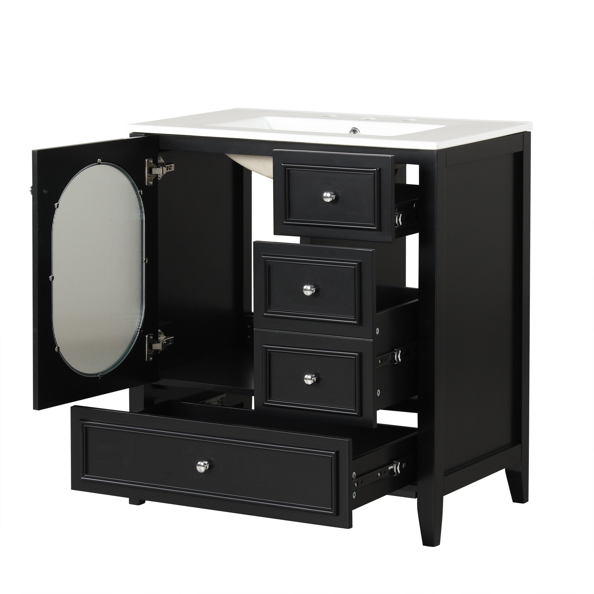 30" Bathroom Vanity With Sink, Bathroom Vanity Cabinet With Three Drawers And Door, Solid Wood And Mdf, Black Black Solid Wood Mdf