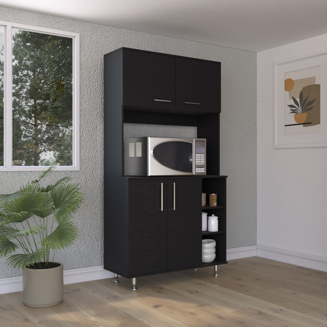 Kitchen Pantry Double Door Cabinet, Four Legs, Three Shelves, Black Black Solid Wood Mdf Engineered Wood