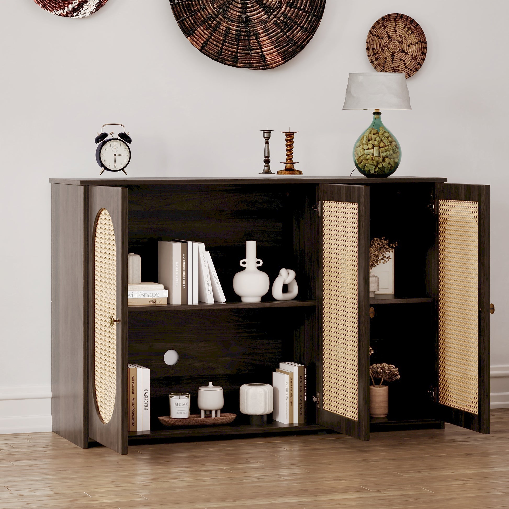 Retro 3 Door Sideboard With Large Storage Space Artificial Rattan Doors And Metal Handles, Accent Cabinet For Living Room And Hallway Brown Brown Particle Board Mdf