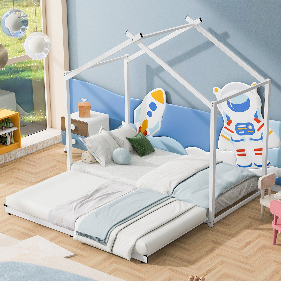 Metal Twin Size House Platform Bed With Trundle, White Box Spring Not Required Twin White Metal Bed Frame Metal