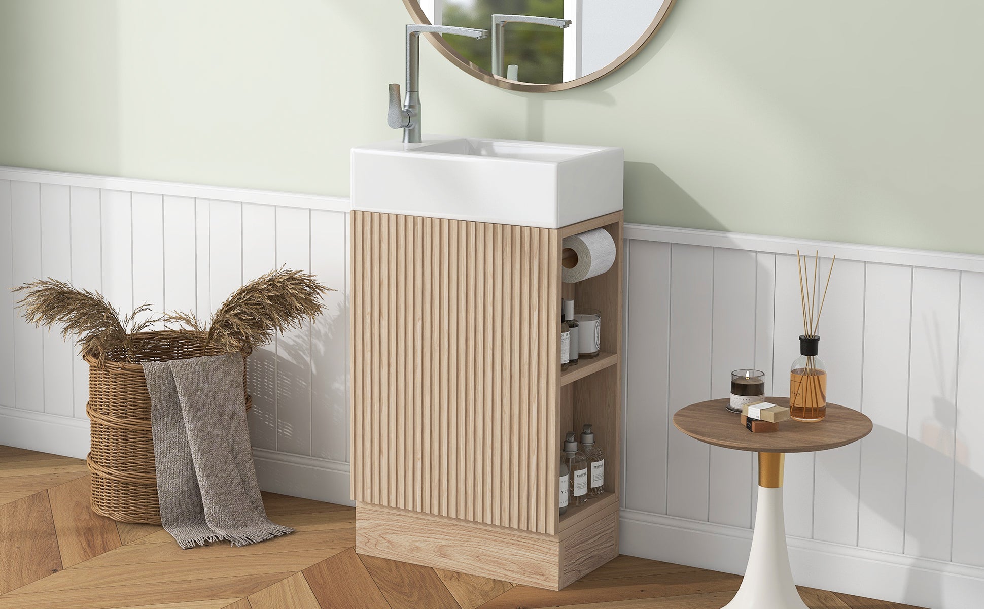 18.6" Bathroom Vanity With Sink, Bathroom Vanity Cabinet With Two Tier Shelf, Left Or Right Orientation, Natural Natural Mdf