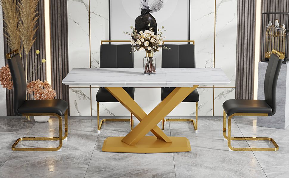 Table And Chair Set, The Table Is Equipped With A Marble Patterned Mdf Tabletop And Gold Table Legs.The Chair Is Equipped With Pu Synthetic Leather High Back Cushion And Gold Coated Metal Legs. Gold Black Seats 4 Mdf Metal