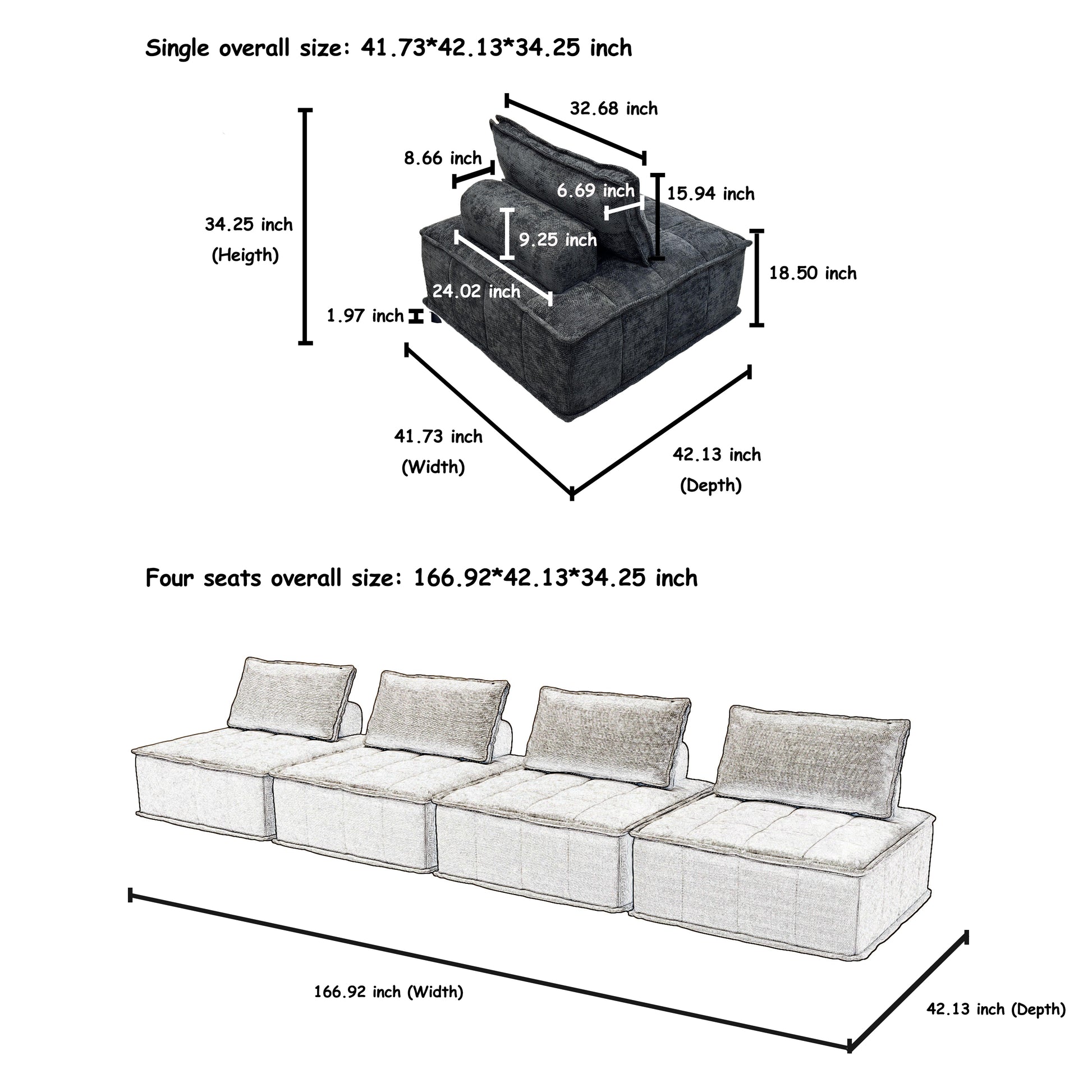 Versatile 4 Module Sofa With Adjustable Backrests And Customizable Configuration Chenille Black Sofa Black Chenille 4 Seat