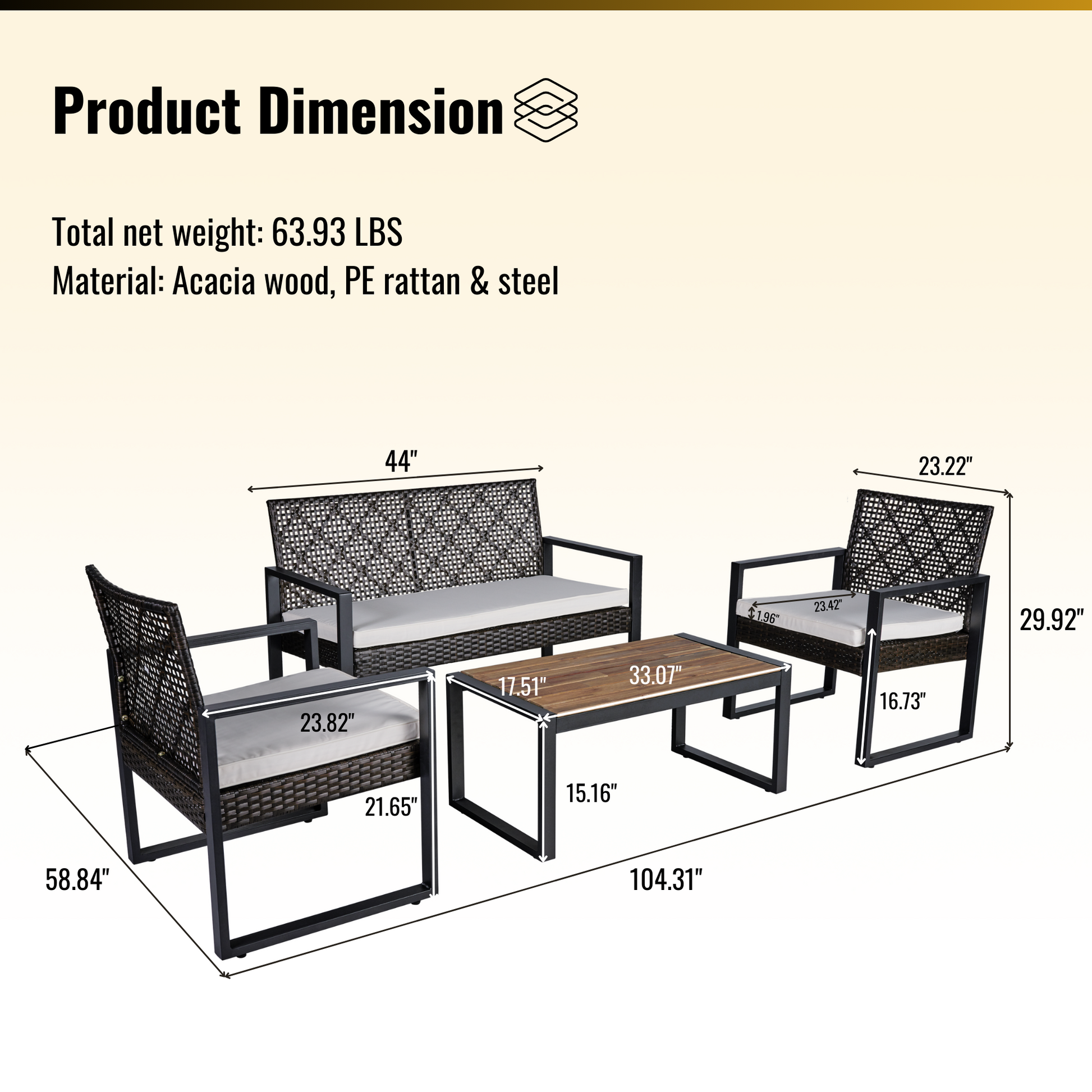 4 Piece Patio Furniture Set Outdoor Balcony Porch Garden Backyard Lawn Furniture Acacia Wood Table Top, Morden Brown And Beige Cushion Yes Sectional Brown Seats 4 Rust Resistant Frame Water Resistant Cushion Garden & Outdoor American Design,American