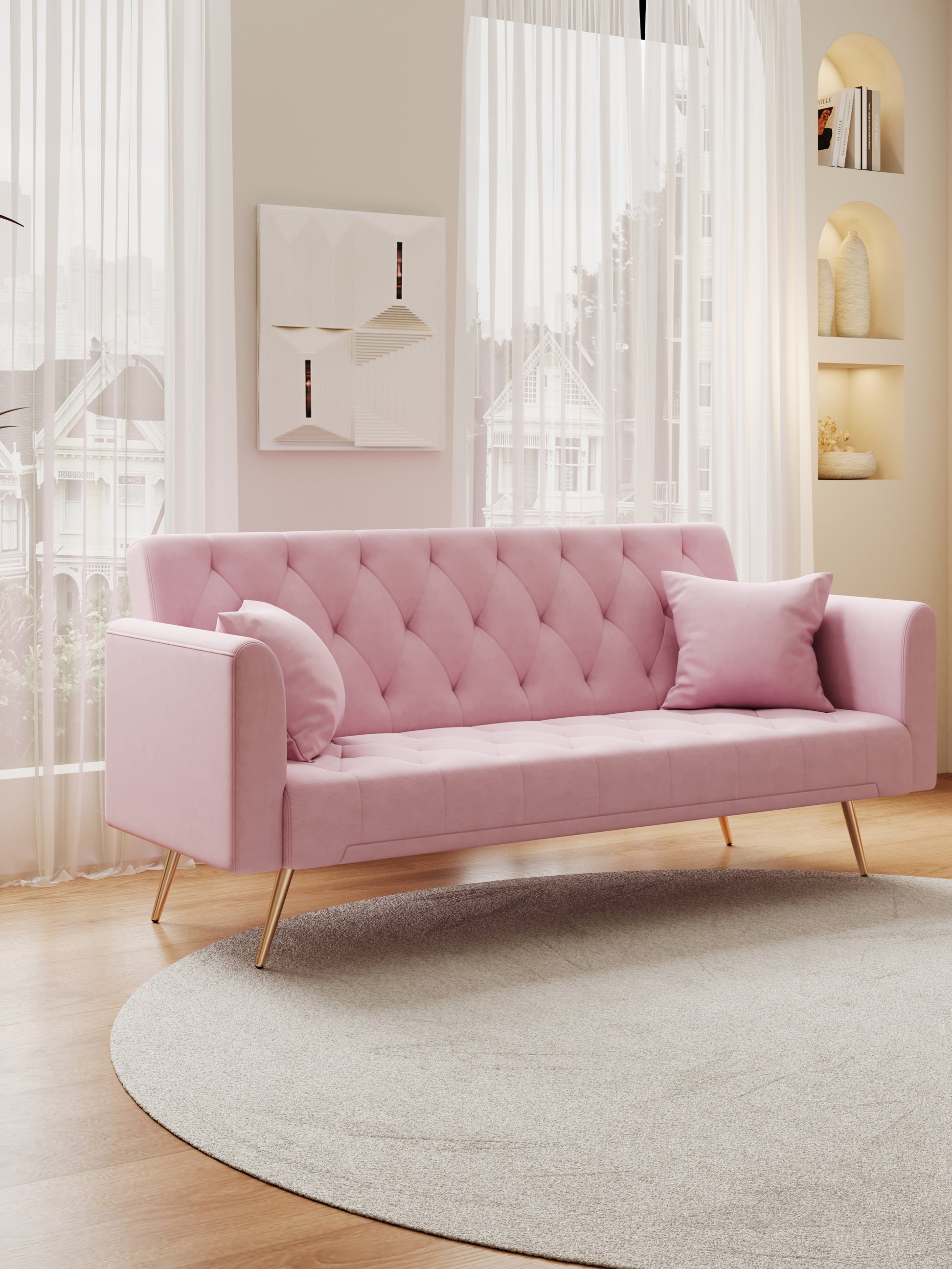 71 Inch Convertibleseat Sofa, American Retro Pink Velvet, Suitable For Small Living Room, Bedroom, Office Pink Velvet 2 Seat