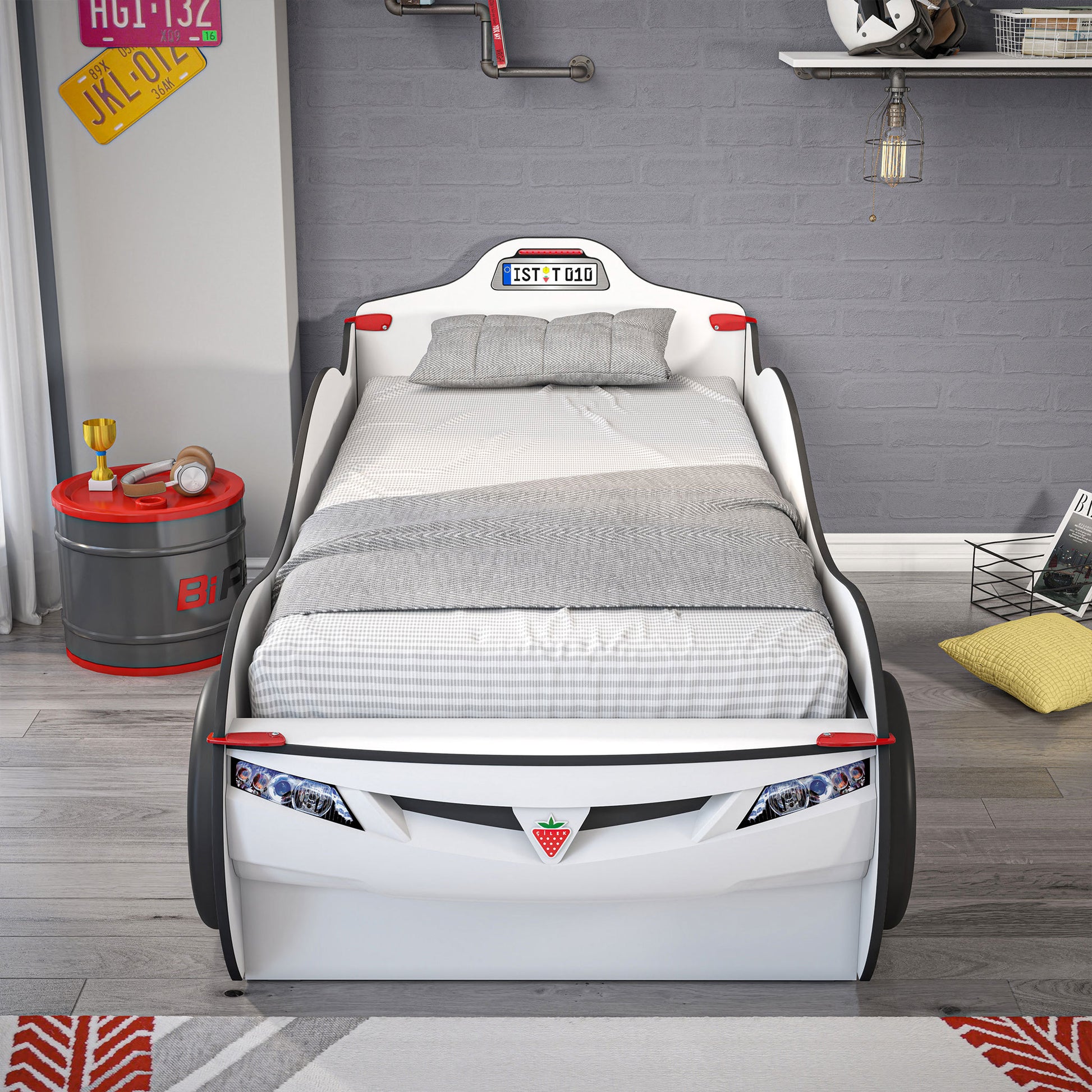 Coupe Twin Race Car Bed W Trundle, White White Particle Board