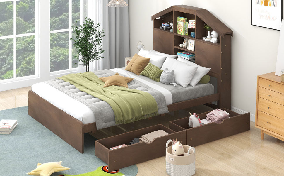Full Size Wood Platform Bed with House shaped Storage box spring not