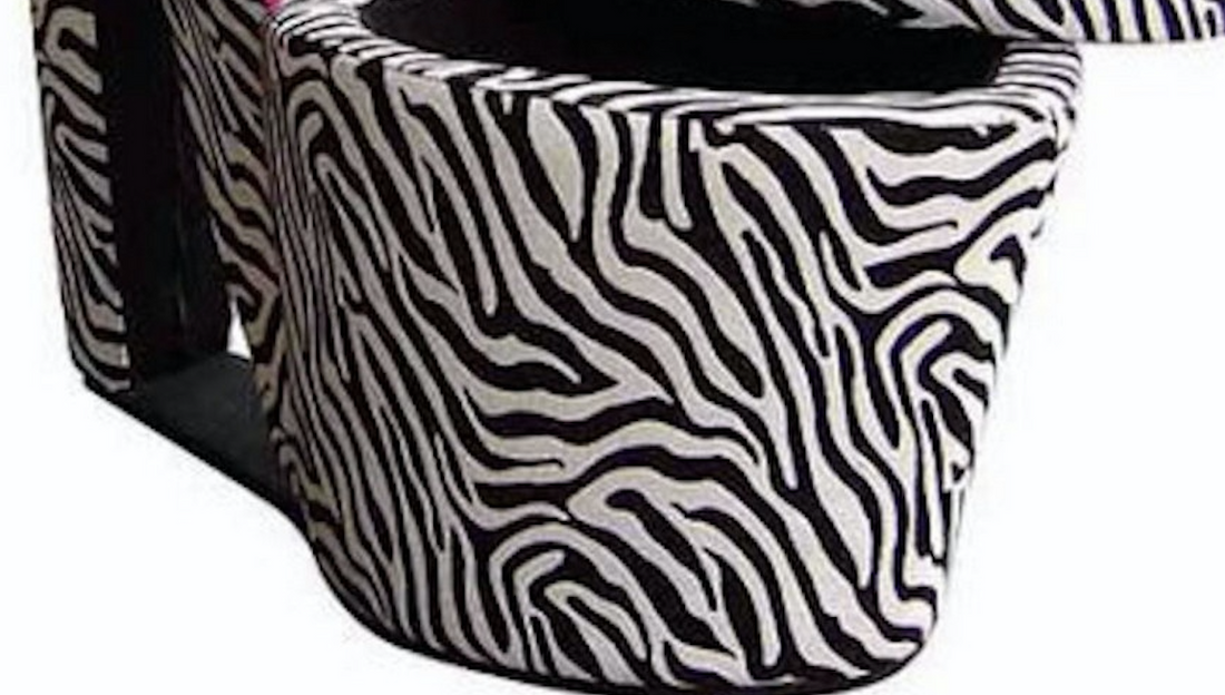 32.86" In Zebra Print W Pink Trim Black Sole High Heel Storage Chair Black Red Wood Fabric