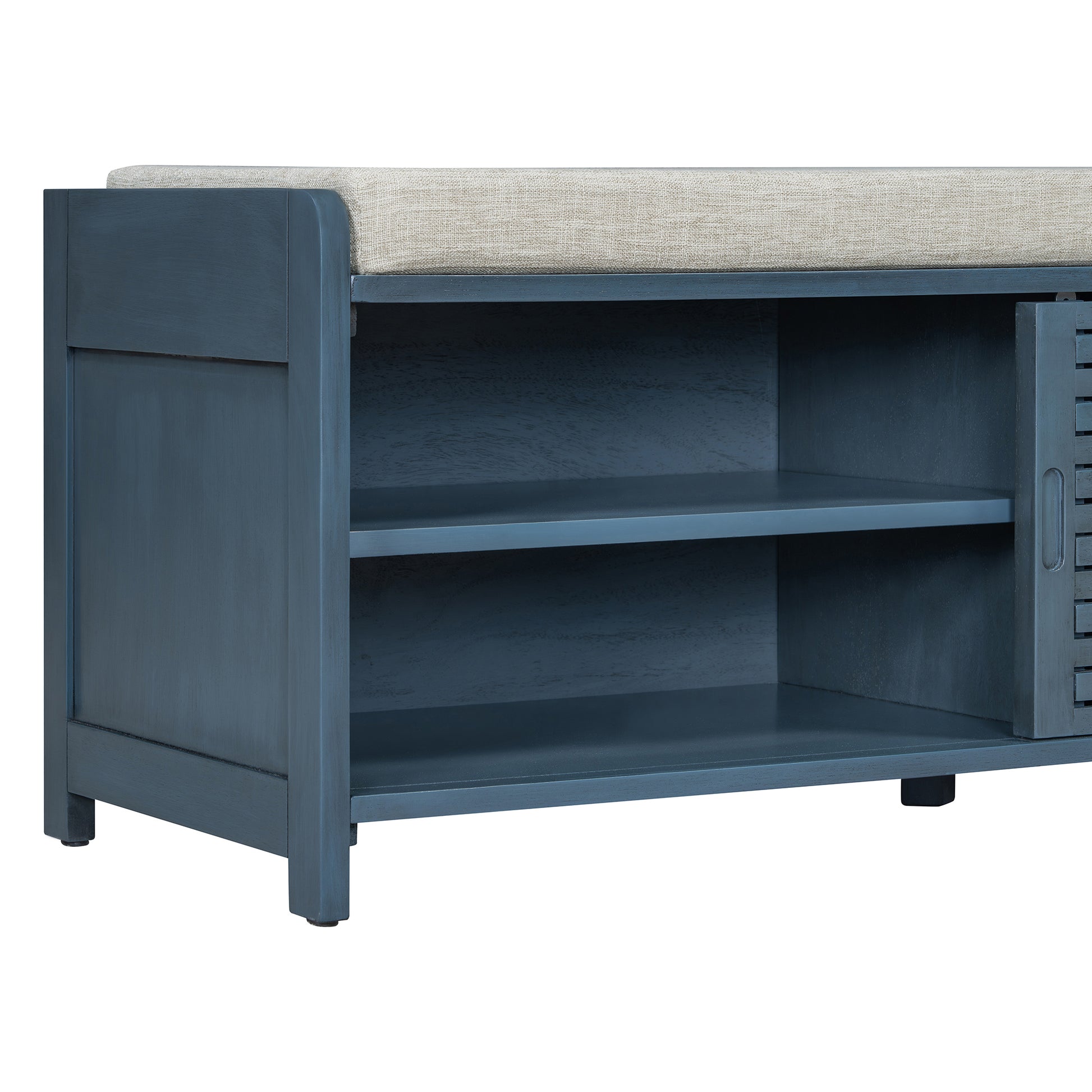 Distressed Shutter Storage Bench With Acacia Veneer For Retro Charm For Living Room, Entryway Navy Navy Mdf