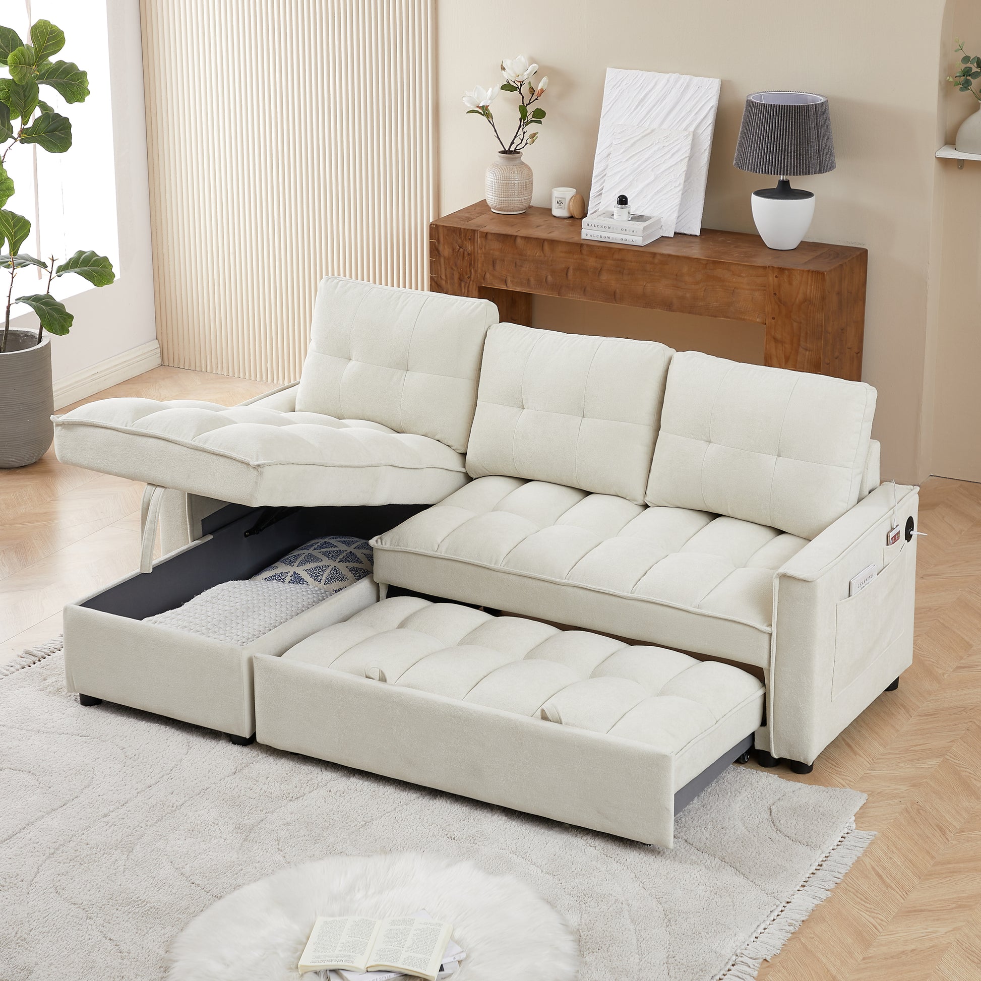 Mh 78.75" Reclining Sofa, Pull Out Sofa Bed With Usb And Tape C Charging Ports, L Shaped Sectional Sofa With Reclining Storage And Arm Side Organizer Pocket Features, Living Room Comfort Sofa Beige Chenille Wood Primary Living Space Eucalyptus Foam