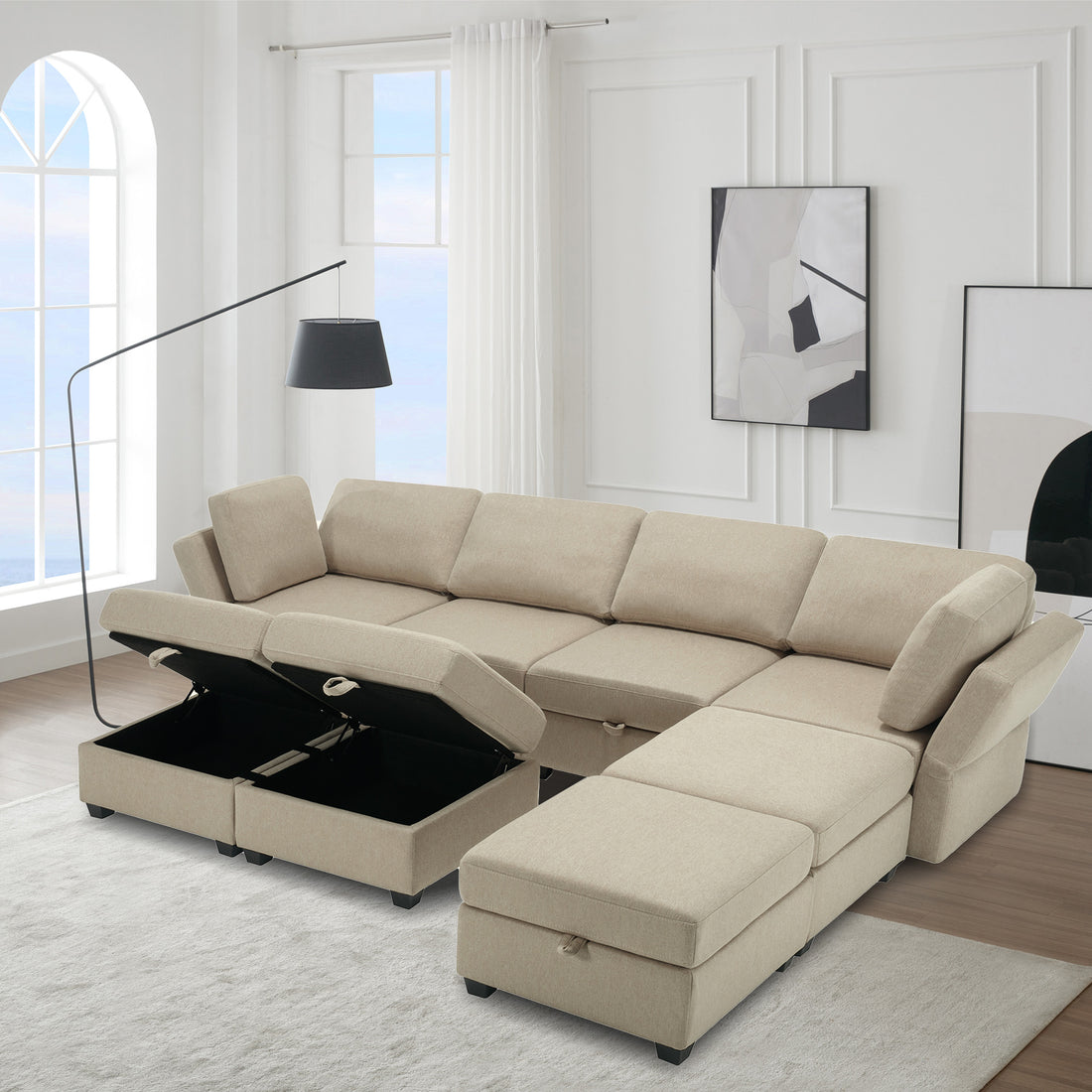 Adjustable Arms And Backs Sectional Sofa, Modern Sectional Couch U Shaped Sofa Couch With Storage Ottoman, Sofa With Convertible Chaise Beige Beige Polyester 4 Seat