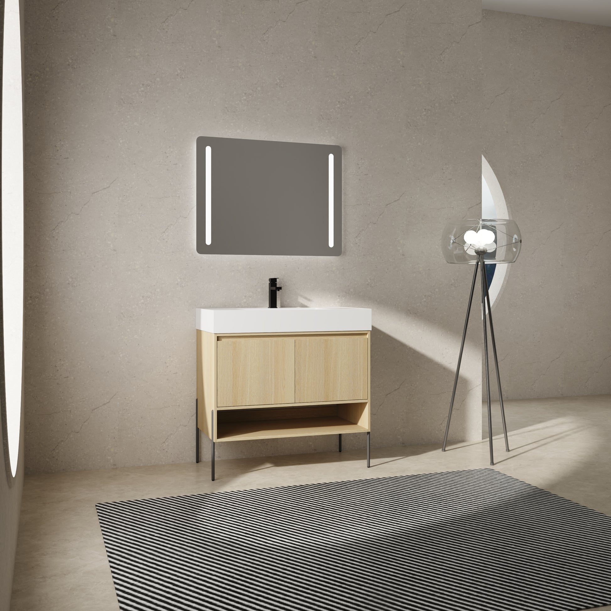 36" Bathroom Vanity Combo W Single Ceramic Sink, Modern Storage Cabinet Set 2 Door, Multilayer Solid Wood, Oak Oak Bathroom American Design Engineered Wood