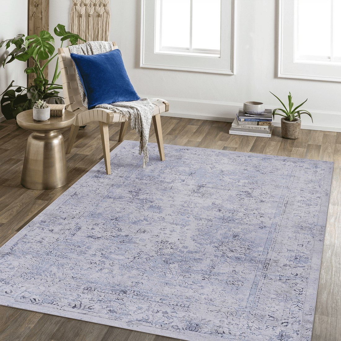 Area Rug 6X9, Washable Rug, Low Pile, Non Slip, Non Shedding, Foldable, Kid & Pet Friendly Area Rugs For Living Room, Bedroom, Kitchen, Dining Room Rug Perfect Gifts, Blue Cream, 6' X 9' Blue Cream Chenille Polyester