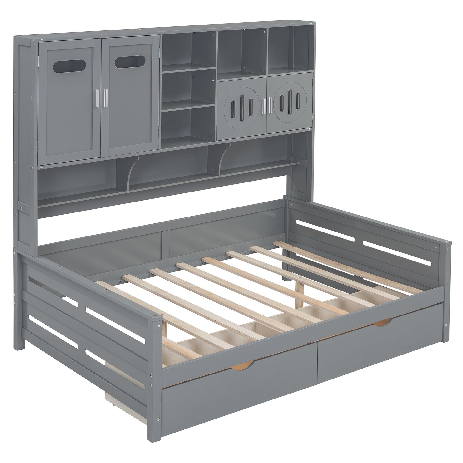 Full Size Wooden Daybed With 2 Drawers, And All In One Cabinet And Shelf, Gray Full Gray Wood