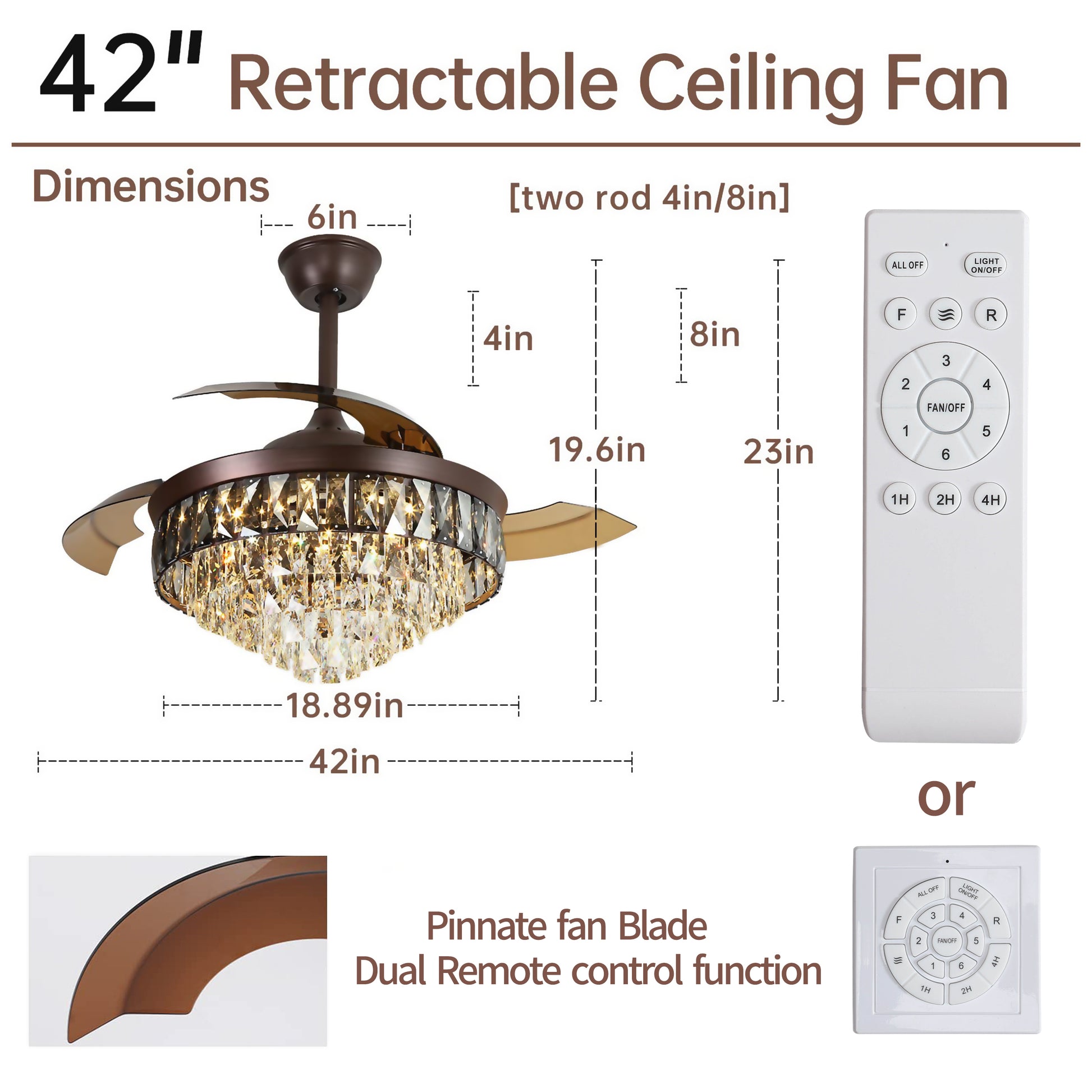 42"Chandelier Ceiling Fan Retractable Ceiling Fans With Lights And Remote Control 6 Speed 3 Changable Led Light Crystal Ceiling Fan Modern Light For Bedroom Indoor Living Room Coffee Luxury Abs Steel Q235