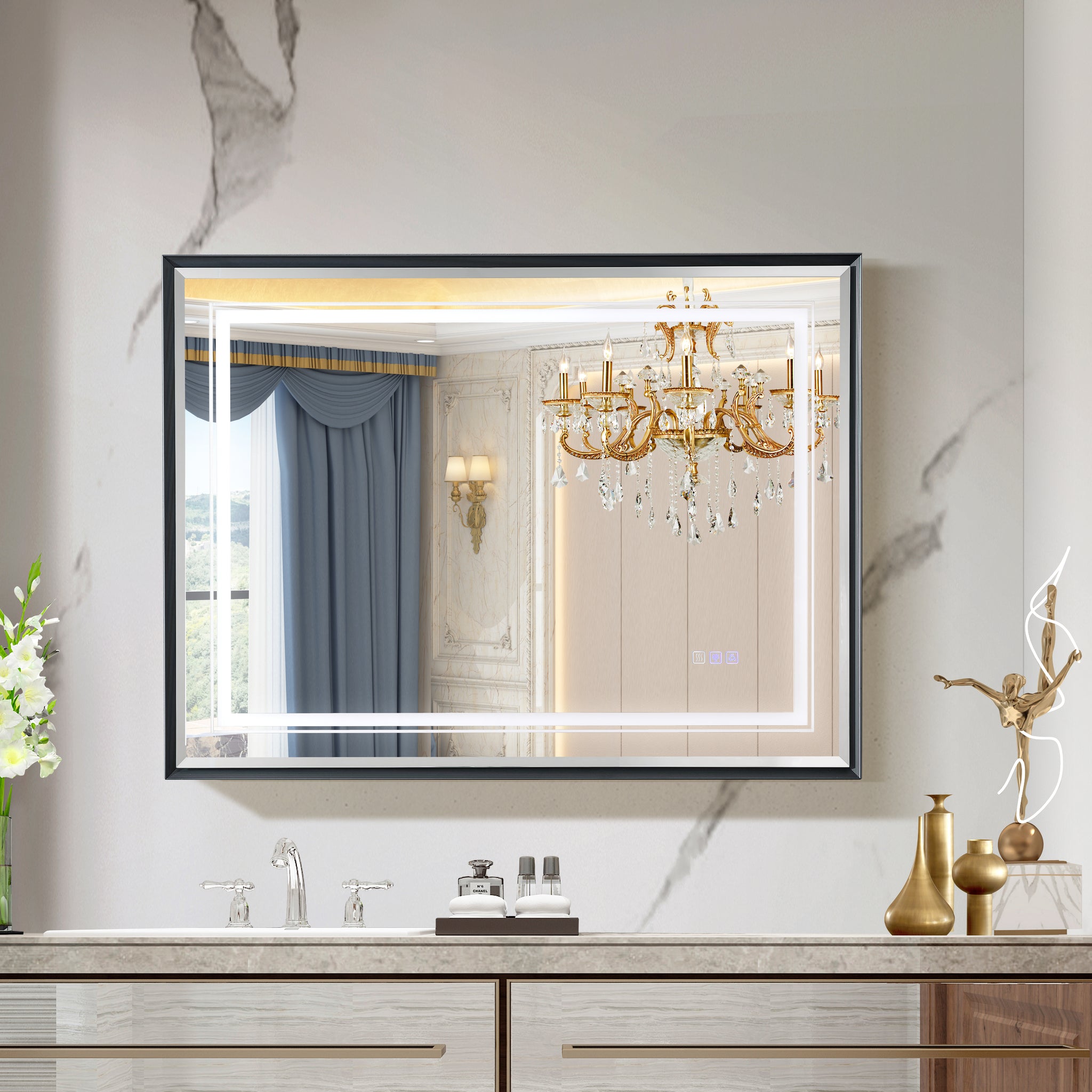 40*30Inch Led Bathroom Beveled Mirror,3000 6000K Gradient Front And Backlit Led Mirror For Bathroom,3Colors Dimmable,Ip54 Enhanced Anti Fog,Hanging Plates Wall Mount Lighted Mirror. Beveled Mirror Grey American Design Aluminium Alloy