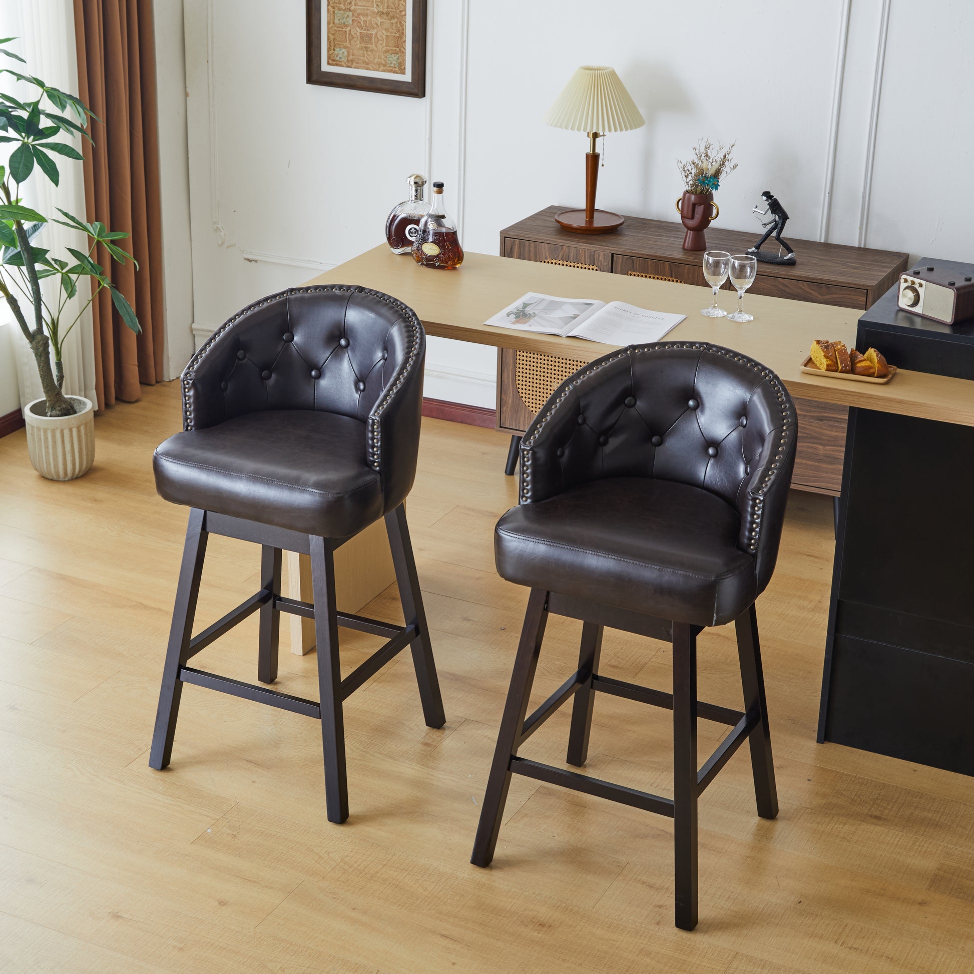 33.25" Swivel Counter Stools Set Of 2, Upholstered Counter Height Bar Stools With Solid Rubber Wood Frame, Backrest, Footrest, Armless Barstools For Home Bar, Kitchen Counter, Dark Brown Rubberwood