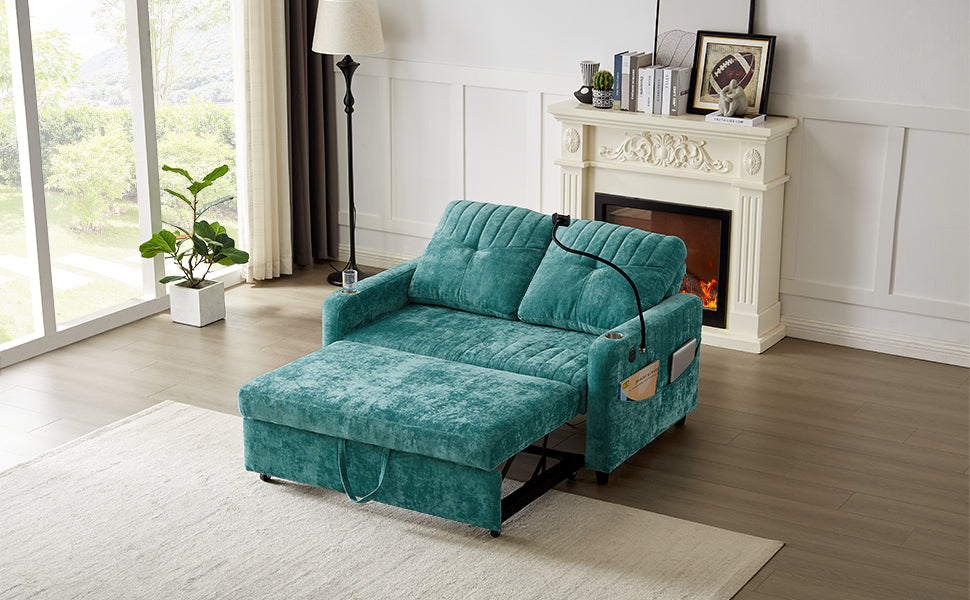 53.9" Modern Loveseat Pull Out Sofa Bed With Adjustable Backrest, Two Cup Holdersa Phone Holder, Three Charging Ports And Side Storage Pockets For Living Room, Teal Teal Foam Chenille