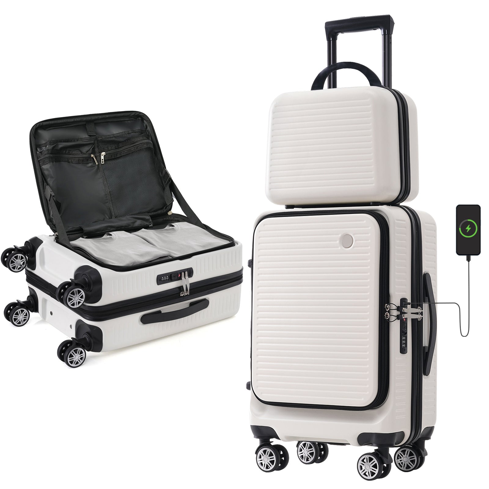 Carry On Luggage 20 Inch Front Open Luggage Lightweight Suitcase With Front Pocket And Usb Port, 1 Portable Carrying Case White Abs