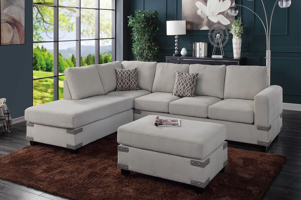 Living Room Furniture Mushroom Chenille Sectional W Ottoman Linen Like Fabric Sofa Reversible L R Chaise Ottoman 3Pc Sectional Sofa Mushroom Chenille Wood Primary Living Space Cushion Back