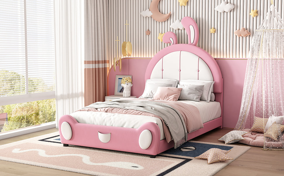 Twin Size Upholstered Platform Bed With Rabbit Shaped Headboard, Pink Box Spring Not Required Twin Pink White Wood Bedroom Bed Frame Faux Leather Upholstered