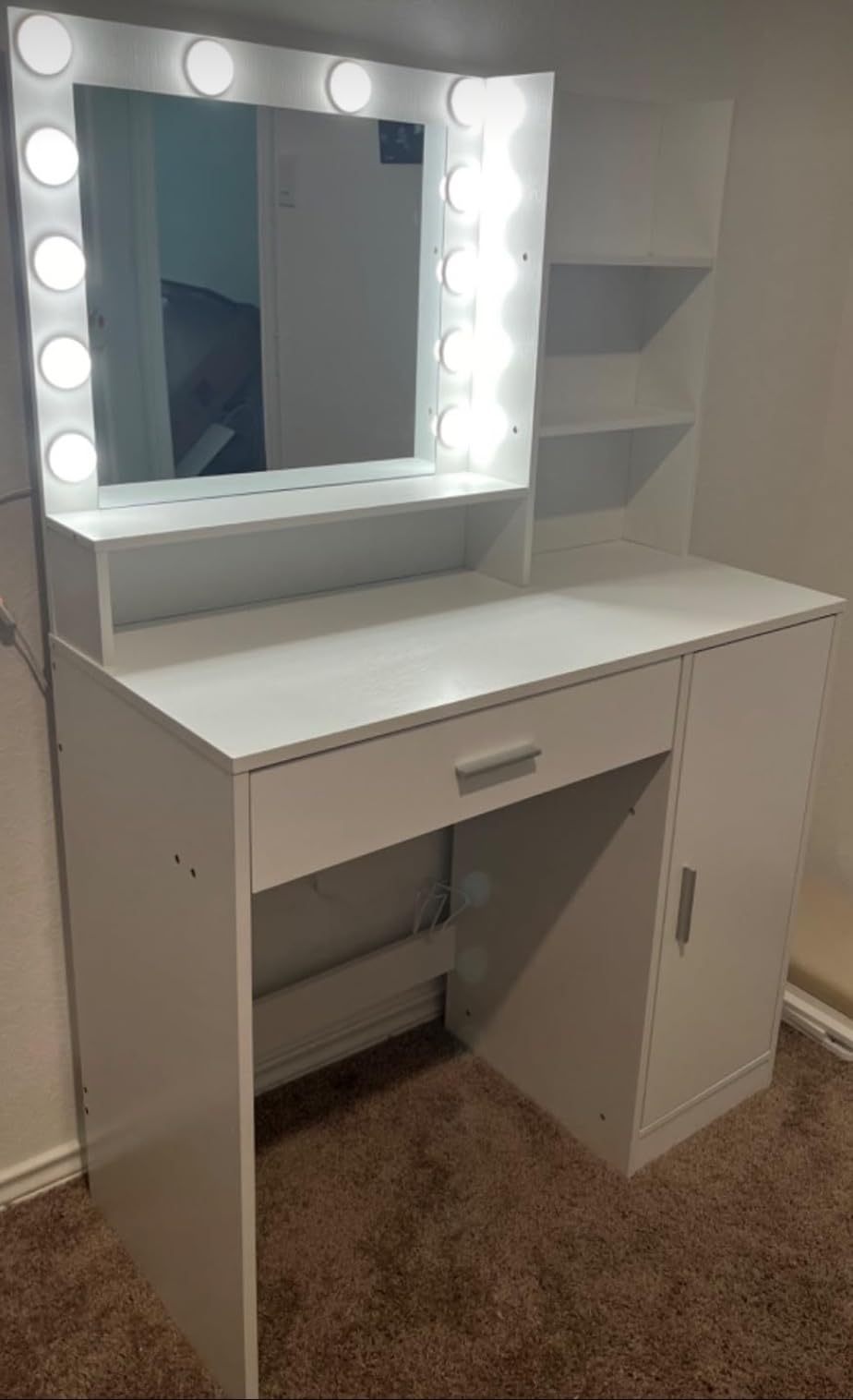 Vanity Desk With Mirror & Light, Large Drawer Three Level Storage Dresser, 3 Lighting Modes Adjustable Brightness, Bedroom Dressing Table White White Particle Board