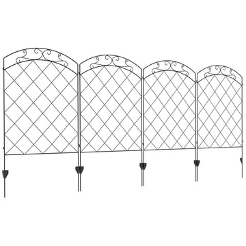 Outsunny Garden Fence, 4 Pack Steel Fence Panels, 11.4' L X 43" H, Rust Resistant Animal Barrier Decorative Border Flower Edging For Yard, Landscape, Patio, Outdoor Decor, Arched Vines Black Steel