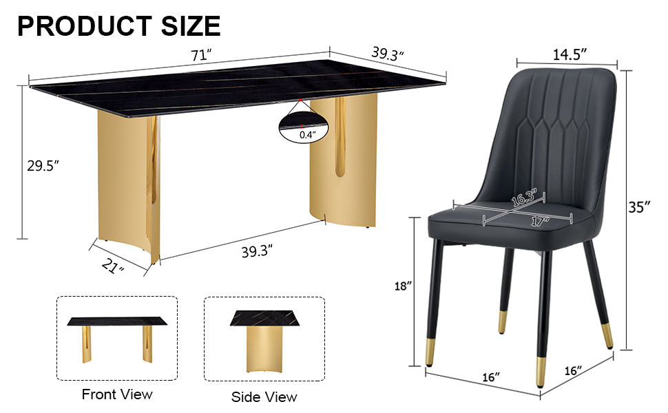 Table And Chair Set.The Table Has A Glass Top With Imitation Marble Pattern Stickers And Stainless Steel Golden Legs. Paried With Chairs With Pu Artificial Leather Backrest Cushions And Black Legs. Black Gold Seats 8 Glass Metal