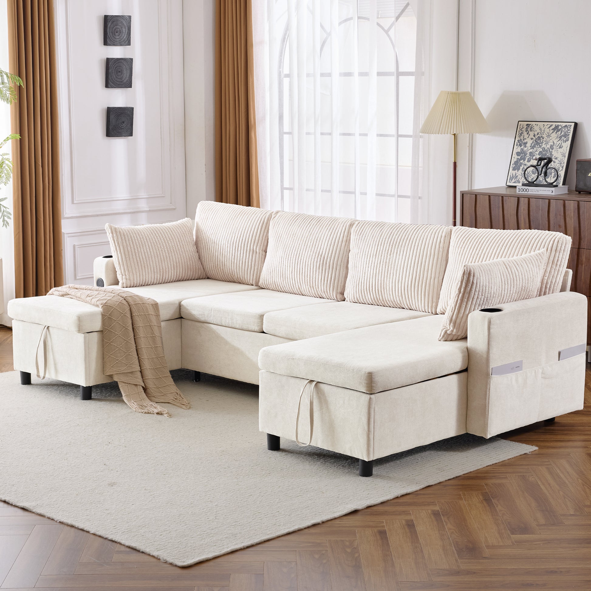 111.8" Sectional Sofa Pull Out Sofa Bed Versatile Sofa Sleeper With Large Storage Space, Two Usb Ports And Two Cup Holders For Living Room, Beige Beige Foam Chenille 4 Seat