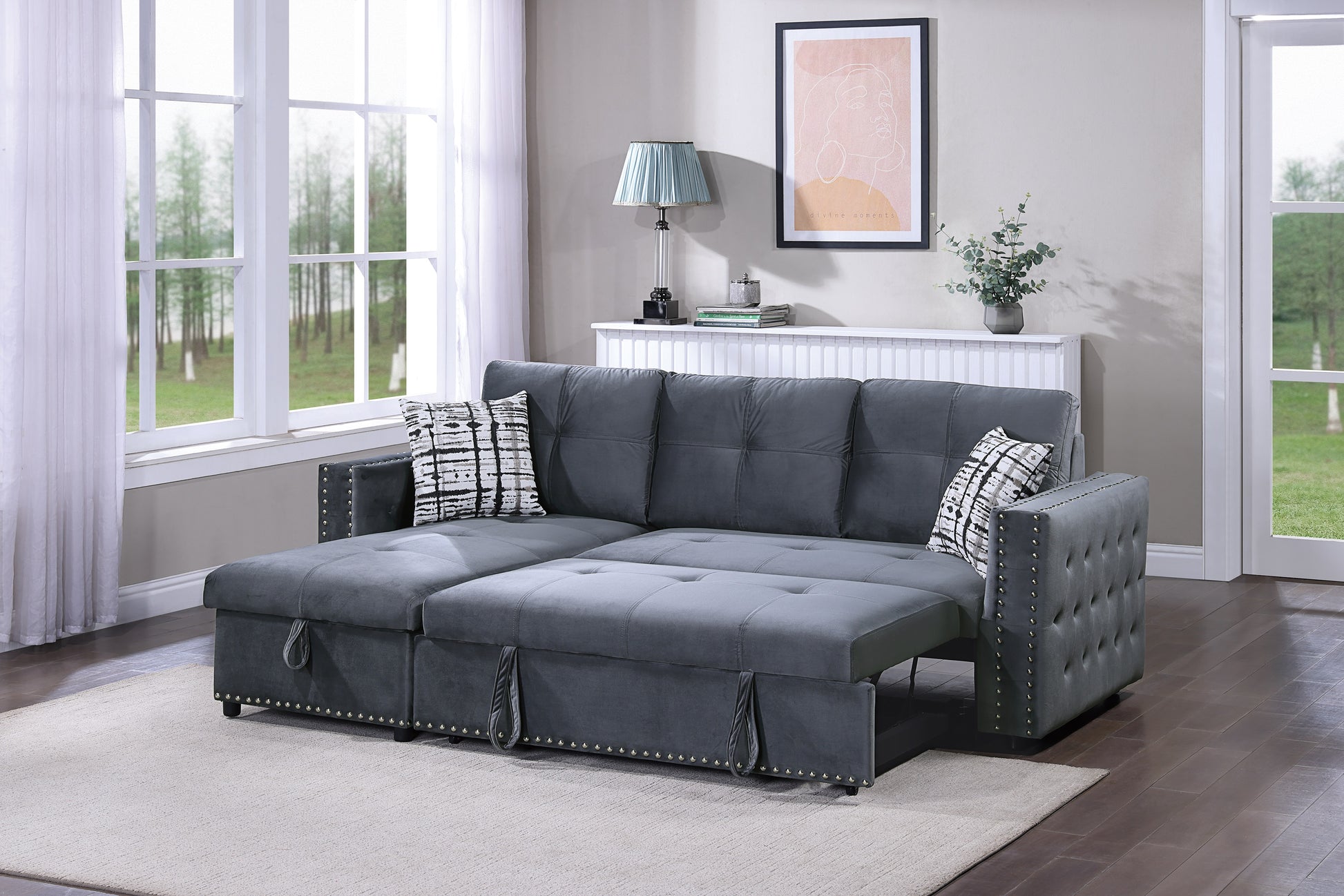 Gray Velvet Convertible Sectional Sofa Pull Out Bed Couch Storage Chaise Tufted Reversible 2Pc Sectional Living Room Gray Primary Living Space Tufted Back Contemporary,Modern L Shaped Square Arms Velvet 4 Seat