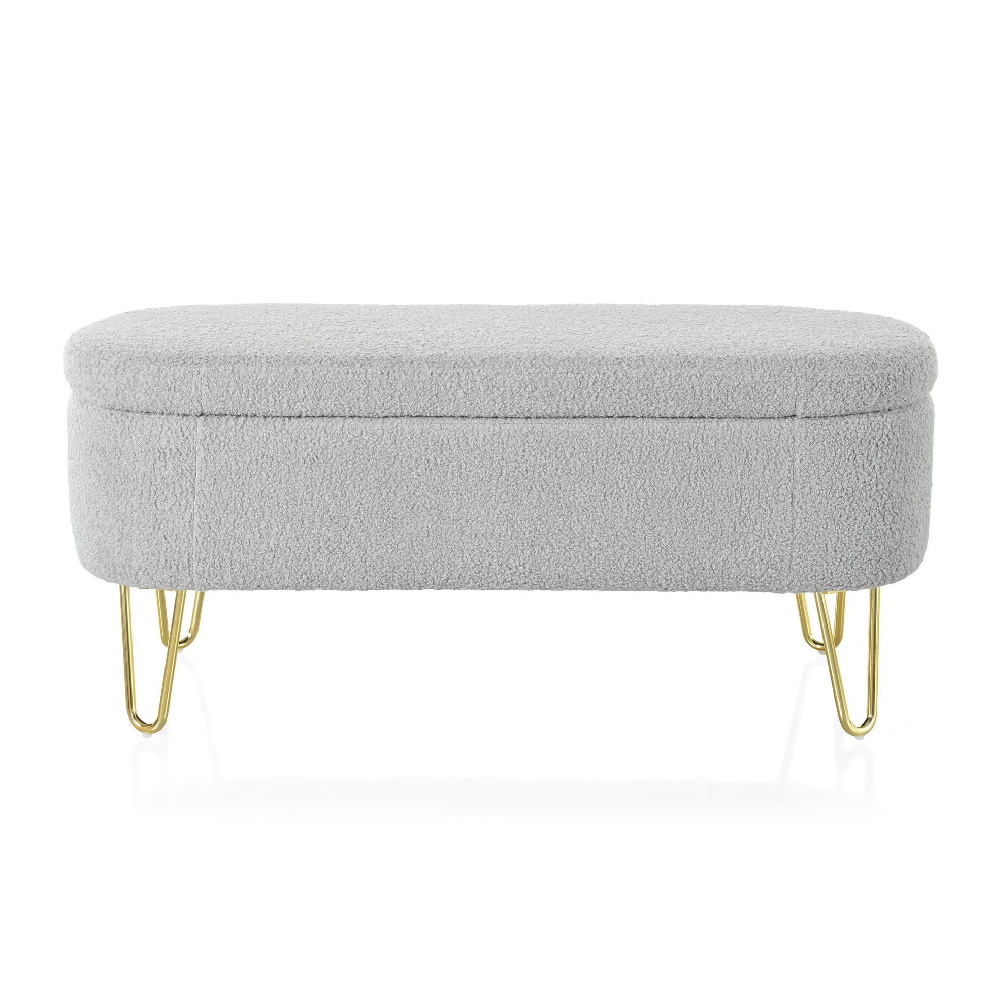 Oval Storage Bench For Living Room Bedroom End Of Bed, Upholstered Storage Ottoman Entryway Bench With Metal Legs,Grey Wood Primary Living Space Solid Grey Pine With Storage Grey Polyester Polyester Or Polyester Blend Backless Modern Oval Flip Top