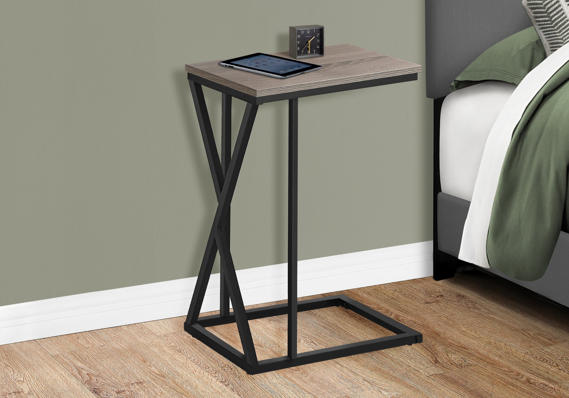 Accent Table, C Shaped, End, Side, Snack, Living Room, Bedroom, Brown Laminate, Black Metal, Contemporary, Modern Taupe Mdf