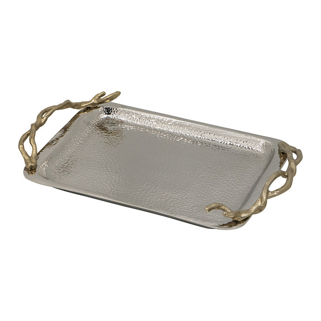 16 Inch Rectangular Decorative Tray, Branch Design Handles, Silver, Gold Silver Aluminium