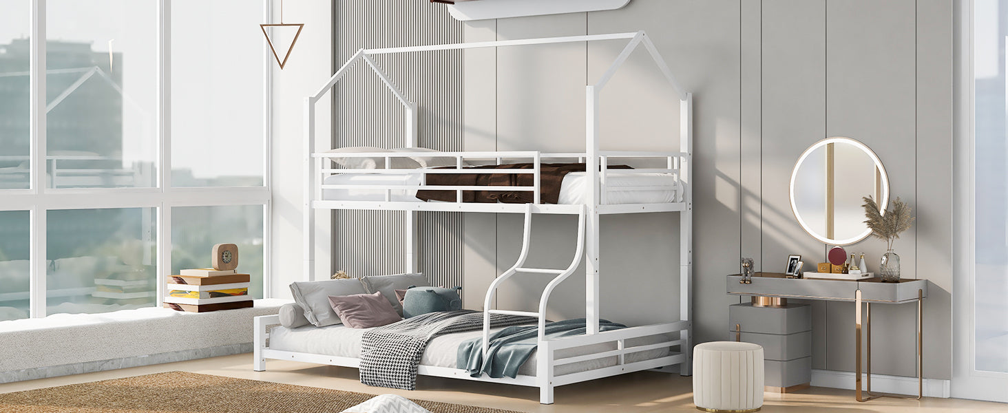 Metal House Bunk Bed, Twin Over Full, White Full White Metal