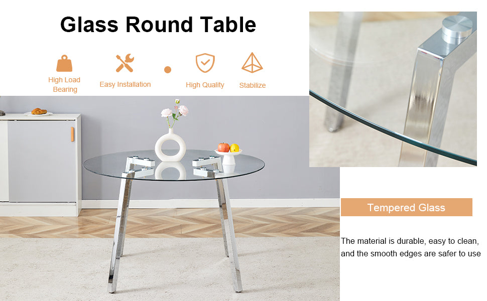 Modern Luxurious Round Tempered Glass Dining Table With Silver 7 Shaped Metal Legs,Suitable For Family Meals, Office Conferences, Or As A Casual Coffee Table For Various Occasions.47.3*47.3*29.5