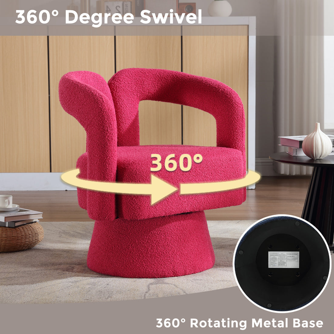 Coolmore 360 Degree Swivel Cuddle Barrel Accent Chairs, Round Armchairs With Wide Upholstered, Fluffy Fabric Chair For Living Room, Bedroom, Office, Waiting Rooms Rose Red Boucle Rose Red Foam Boucle