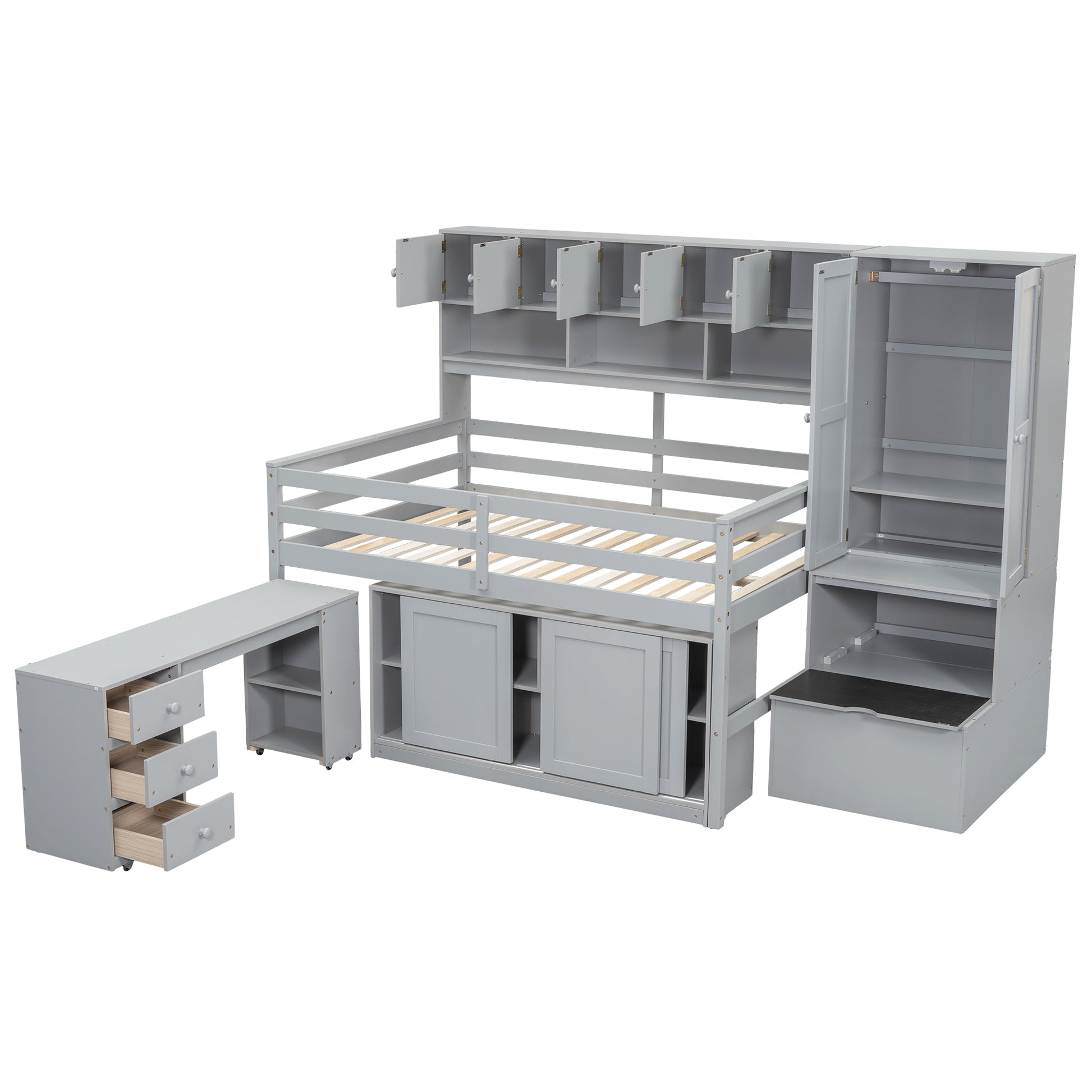 Full Size Wooden Loft Bed Big Storage With Under Bed Desk, With Drawers, With Shelves, Gray Full Gray Plywood