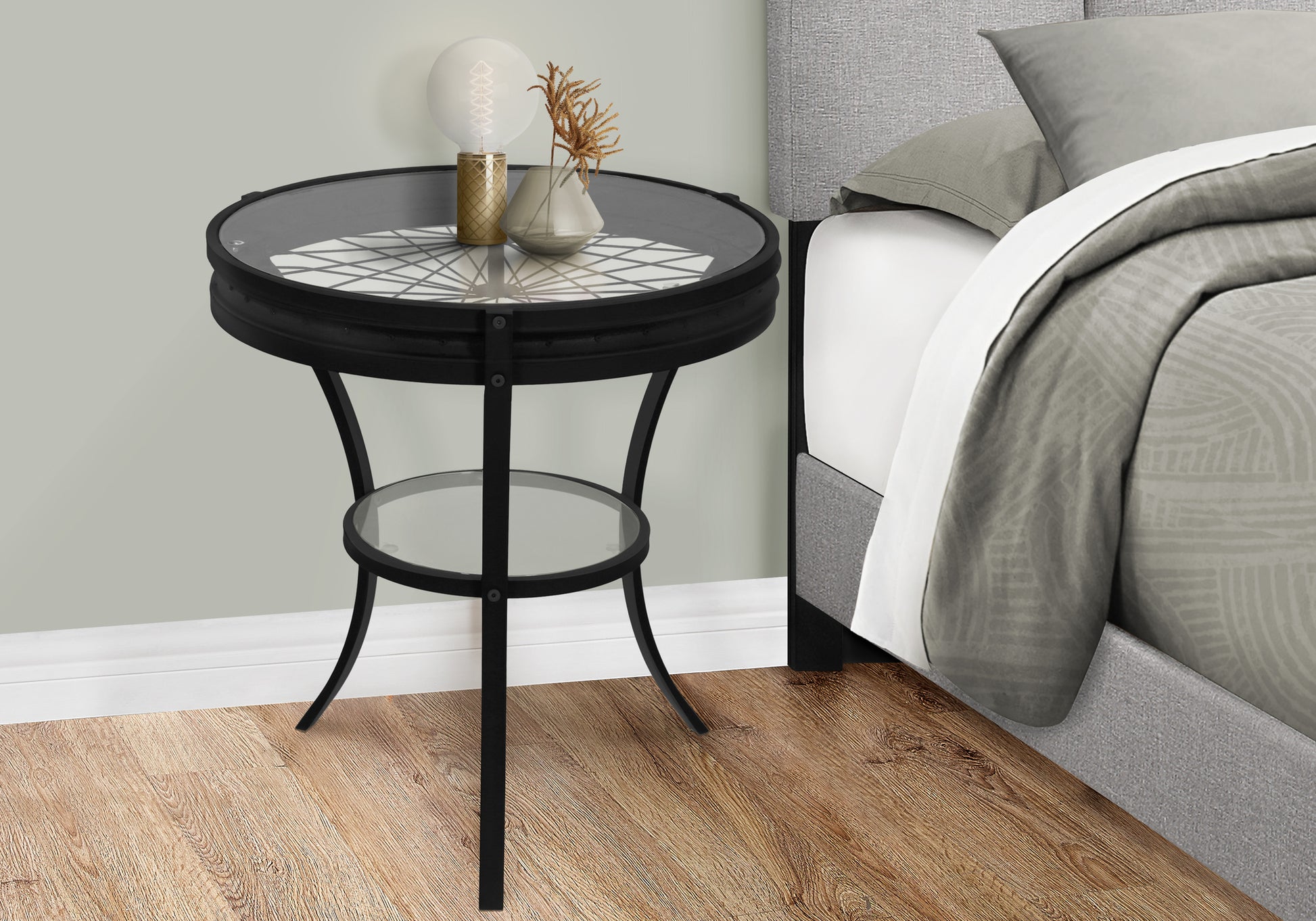 Accent Table, Side, End, Nightstand, Lamp, Round, Living Room, Bedroom, Clear Tempered Glass, Black Metal, Transitional Black Tempered Glass