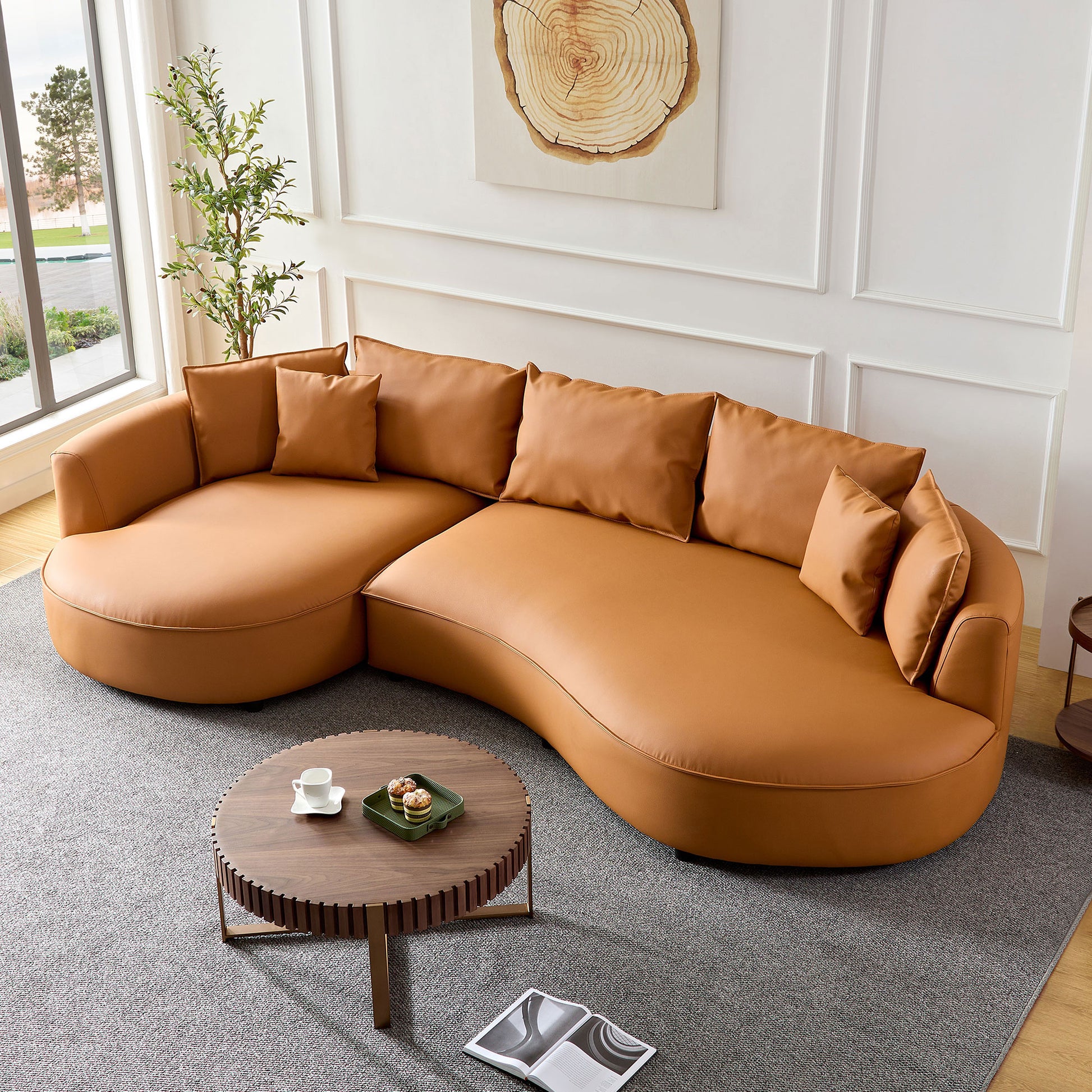 Modern Sectional Curved Sofa Couch For Living Room,Upholstered 5 Seat Sofa Couch Eco Leather Couch Set For Apartment Office,Orange Orange Bonded Leather 5 Seat