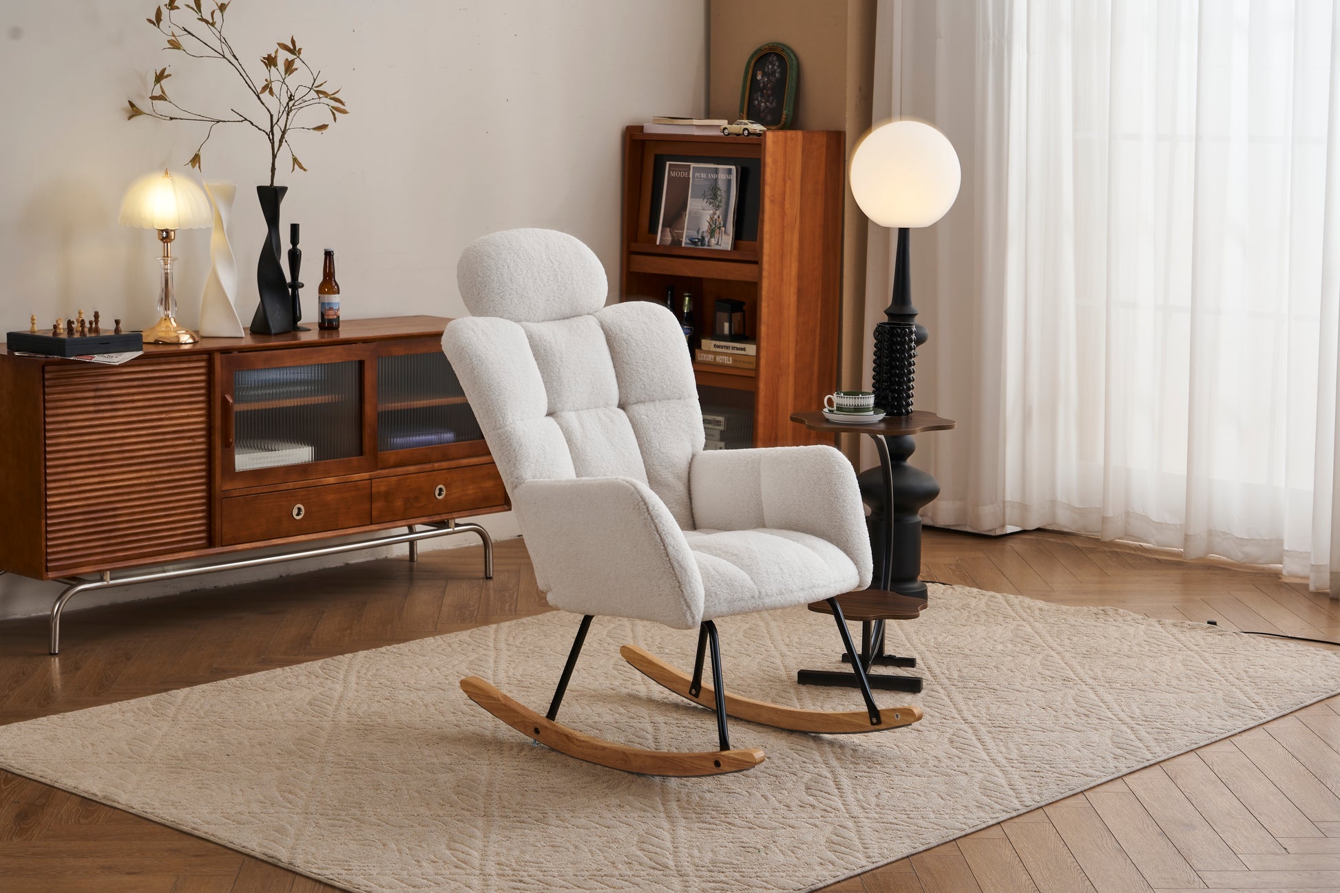 055 Teddy Fabric Upholstered Nursery Rocking Glider Chair Mid Century Modern Accent Arm Chair Padded Seat With High Backrest And Pillows For Living Room Bedroom Offices Ivory Teddy Headrest Solid