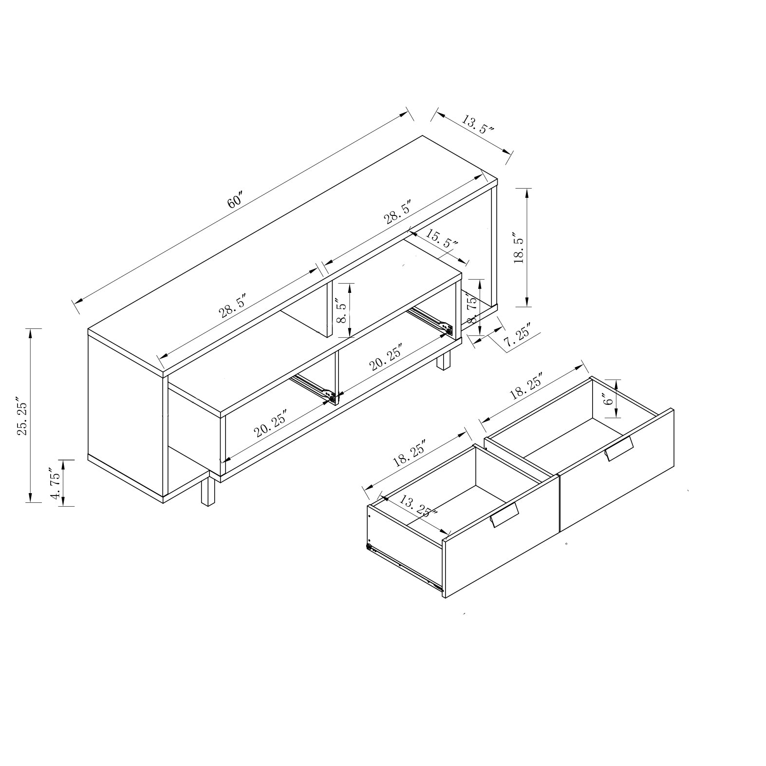 Modern 60" Tv Stand With Two Shelves And Two Drawers White White 50 59 Inches Particle Board