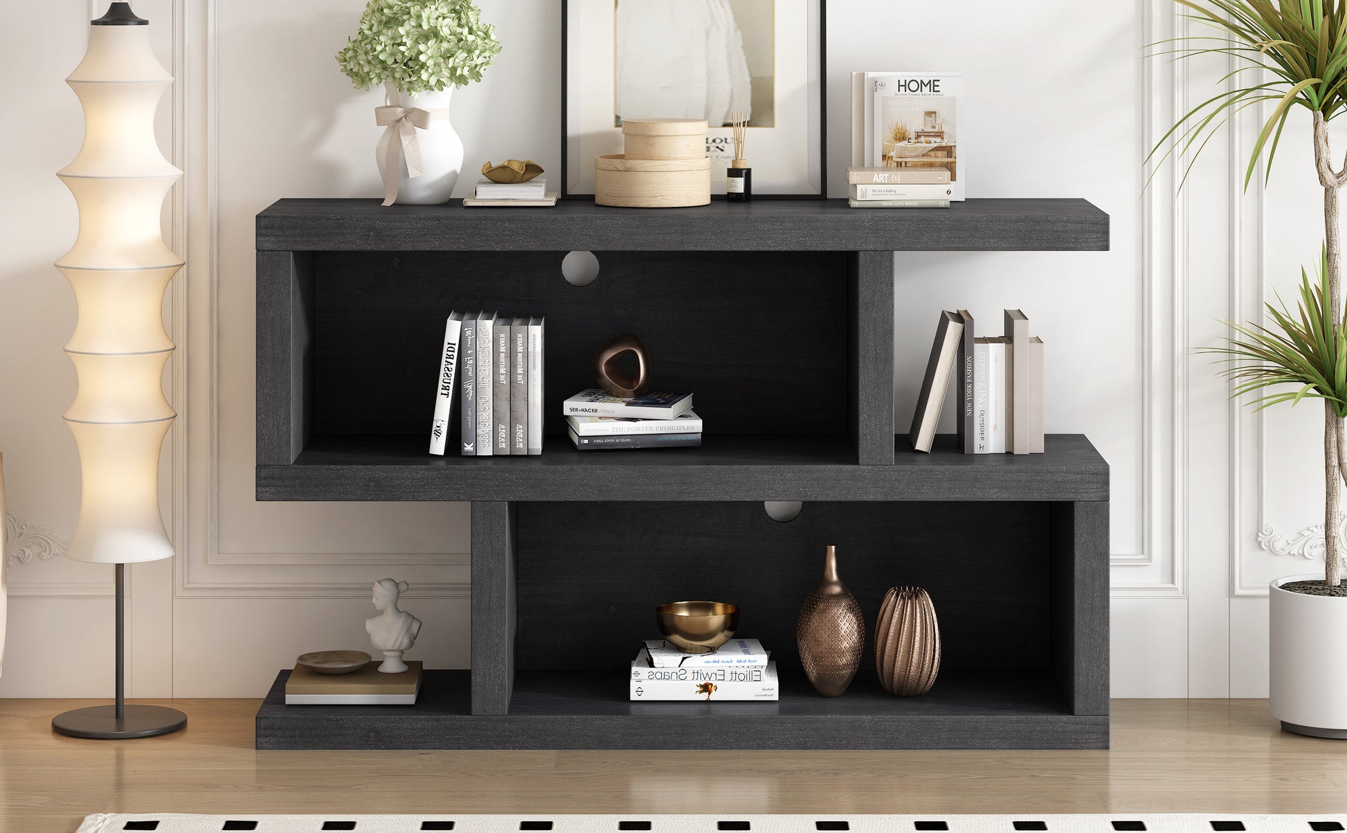 Retro Console Table With Symmetrical 2 Tier Open Shelf For Entryway And Living Room Black Black Mdf