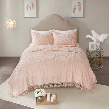 Tufted Cotton Chenille Medallion Fringe Coverlet Mini Set Blush Full Queen Full Blush Cotton