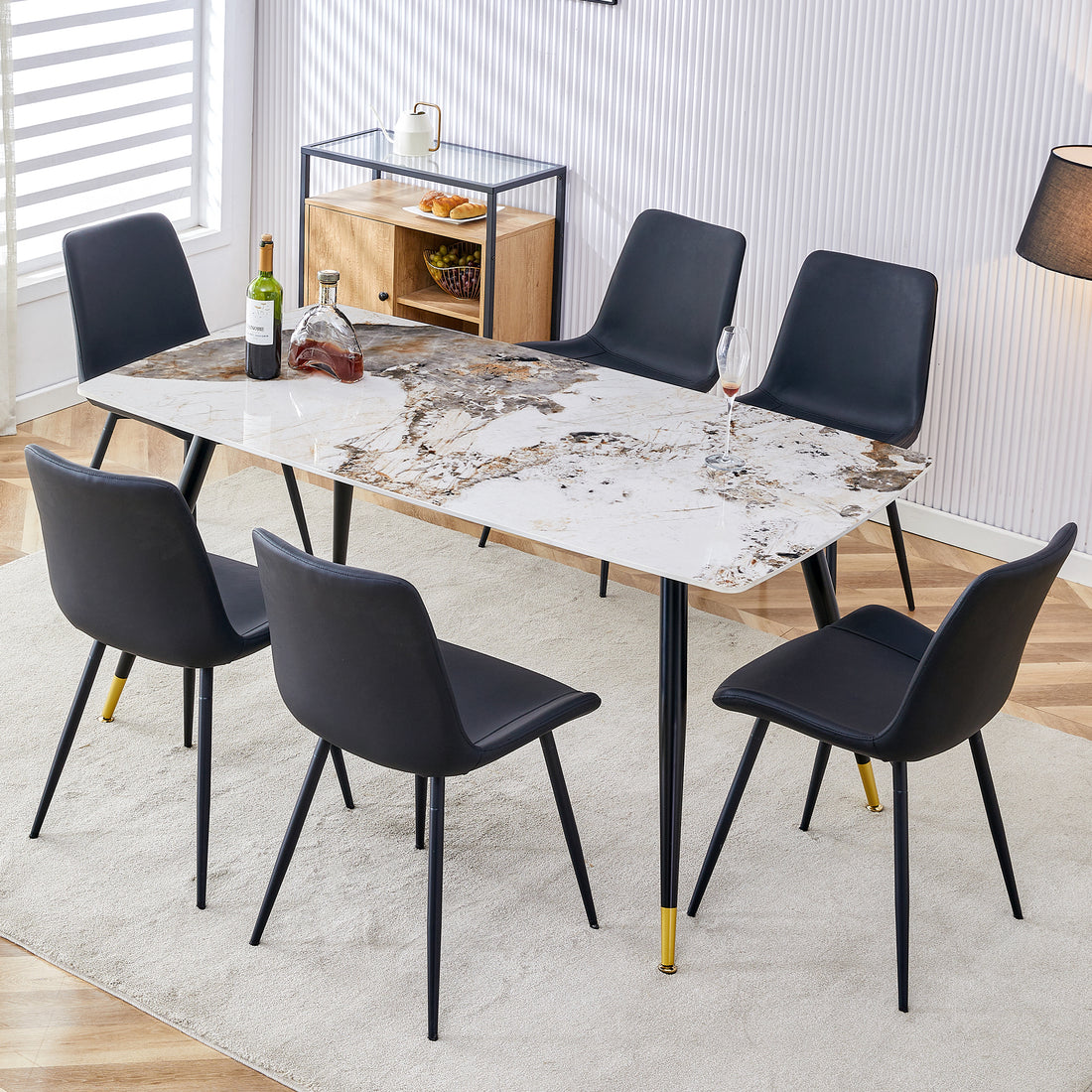 Table And Chair Set, Imitation Marble Texture Rock Board Table Top, Black Metal Table Legs, Stable And Beautiful. Modern Simple Dining Table, Comfortable Seating. White Black Seats 6 Metal